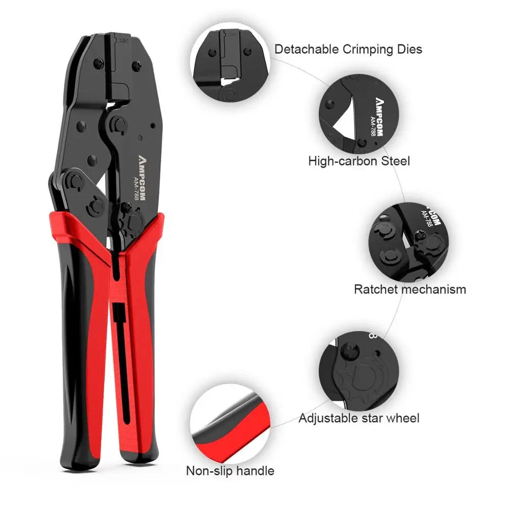 AM-788 One-step RJ45 Ratcheting Crimper Network Tool for Cat6A, Cat7 Shielded Connector with 2pcs Replaceable crimping dies