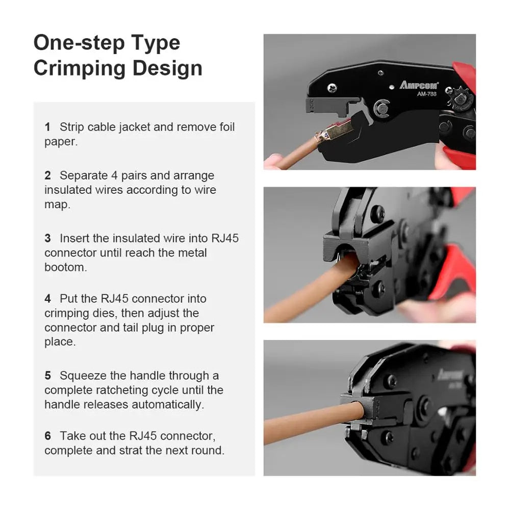 AM-788 One-step RJ45 Ratcheting Crimper Network Tool for Cat6A, Cat7 Shielded Connector with 2pcs Replaceable crimping dies